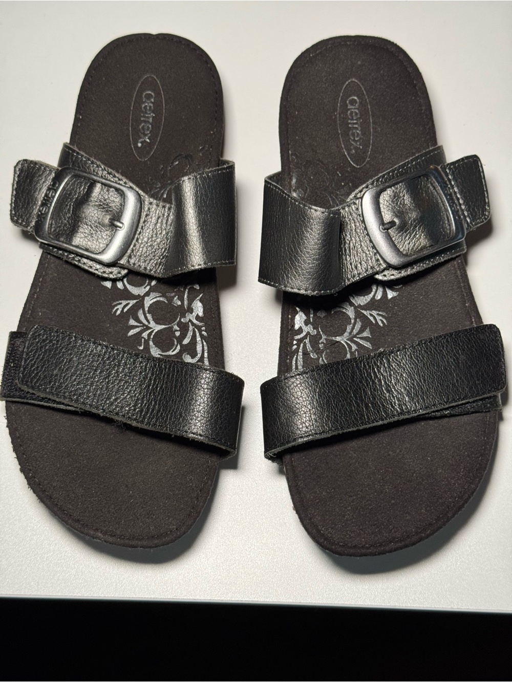 Aetrex Black Leather Double-Strap Slide Sandals with Buckles